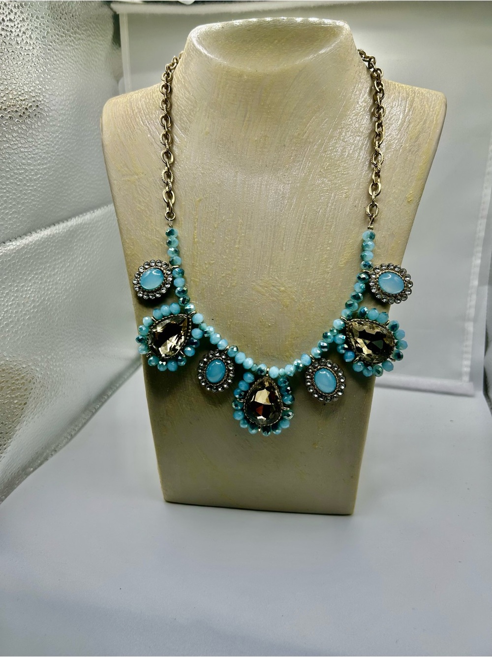 Statement blue champagne necklace teardrop oval cabochons mixed metal ornate - Picture 2 of 9